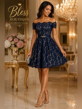 Eliza J Navy Blue Off-Shoulder Lace Fit & Flare Cocktail Dress with Jeweled Belt